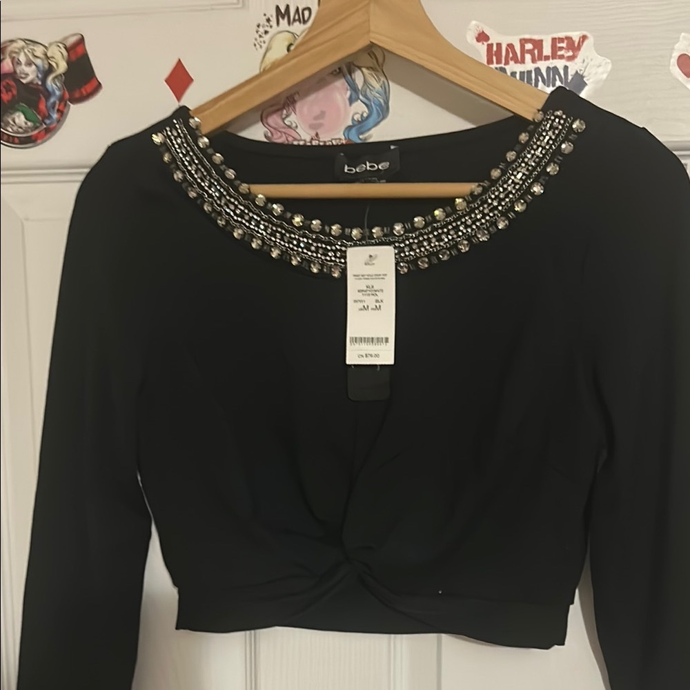 Bebe Black Silver Embellished Tie Front Blouse